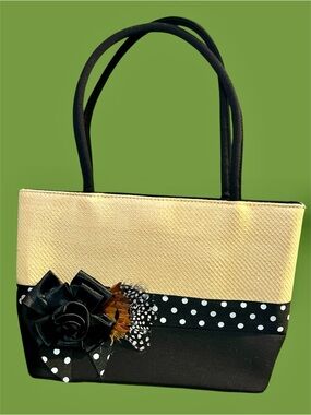 Tote Bag 
Classic Two-Tone Black and Cream with Floral Accent Polka Dot trim